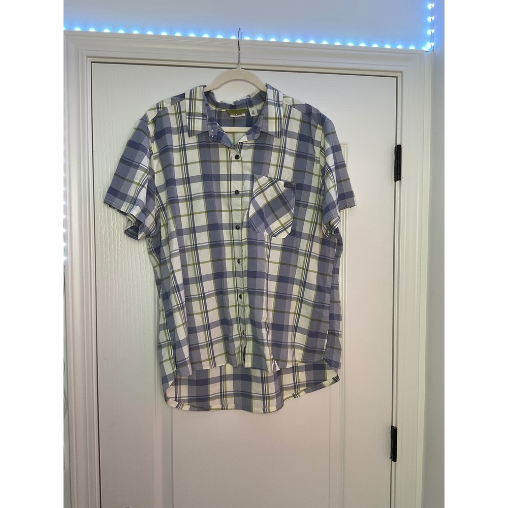 LL Bean Mens Short Sleeve Plaid Button Down Shirt Blue Green XL